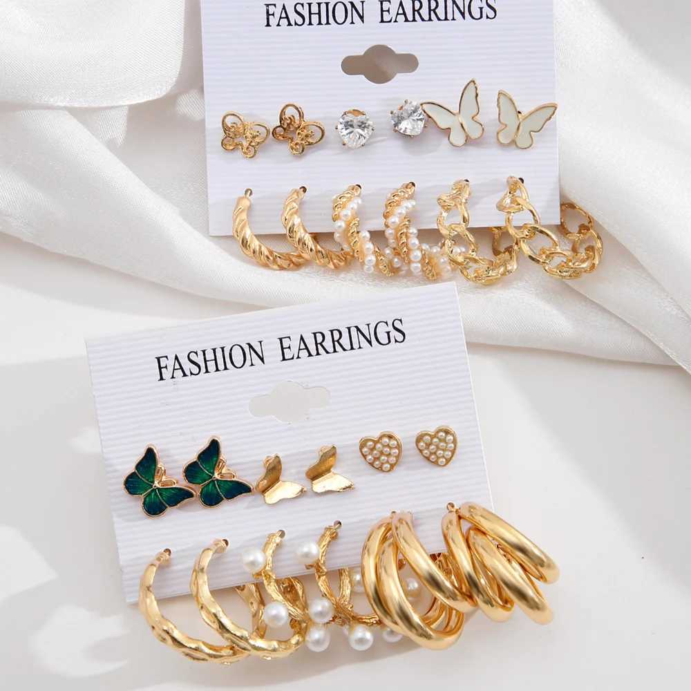 Golden Pearl Ring Earring Set Metal Pendant Earrings Retro Round Guitar Twist for Wen Girls Jewelry Gift X241106
