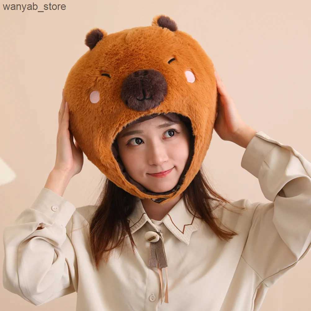 Wide Brim Hats Bucket Hats Animal Head Mask Capybara Animal Hat Plush Capybara Cap Cartoon Headwear Stuffed Rodent Hat Christmas Party Cosplay Costume