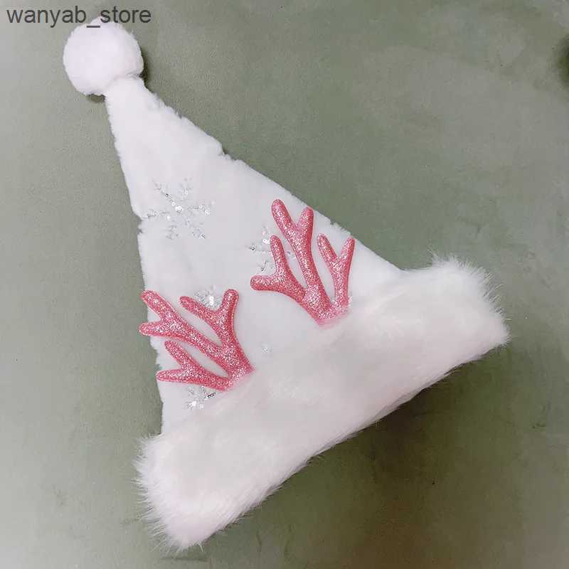 Wide Brim Hats Bucket Hats Plush Christmas Hats for Adults Glitter Snowflake Embroidered Santa Claus Hat with Antlers L240910