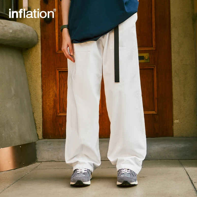 INFLATION Pink Wide Leg Pants Mens Slacks Elastic Waist 100% Cotton Trousers Unisex Straight 241104