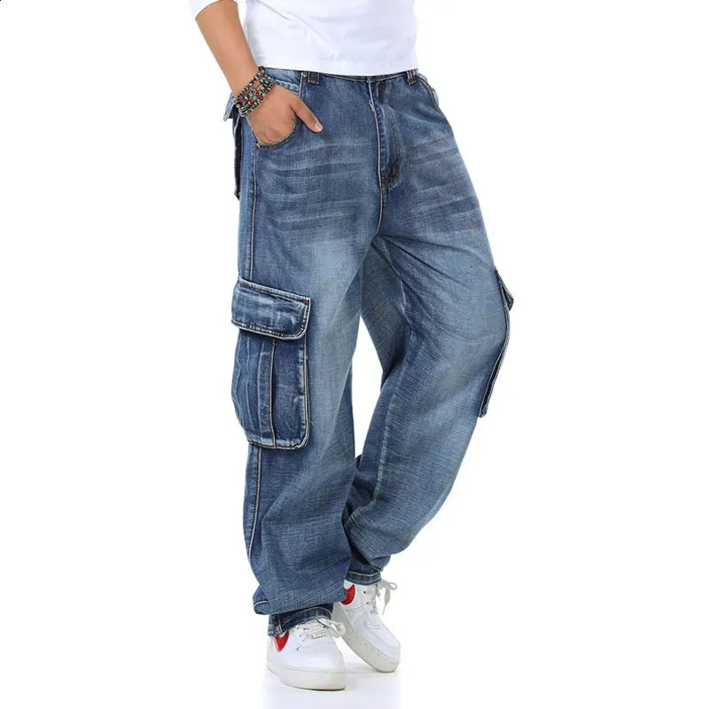 Large Size Loose Jeans Men Denim Pants Straight Pocket Baggy Casual Streetwear Hip Hop Blue Wide Leg Cargo Trousers 241105