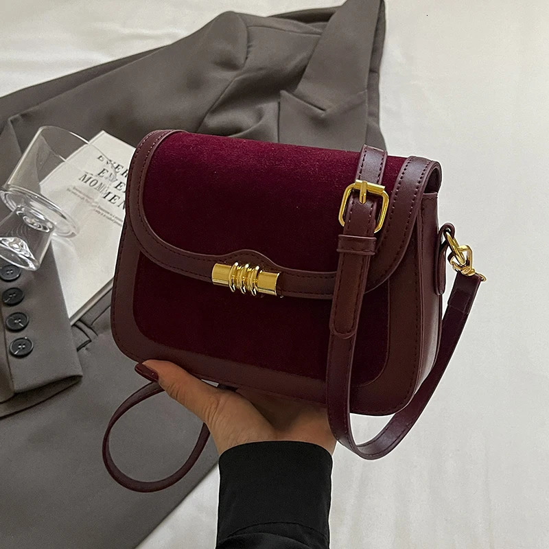 High quality Burgundy retro frosted PU splicing cross shaped bag for women multi-layer compartment square bag classic Commuting handbag241106