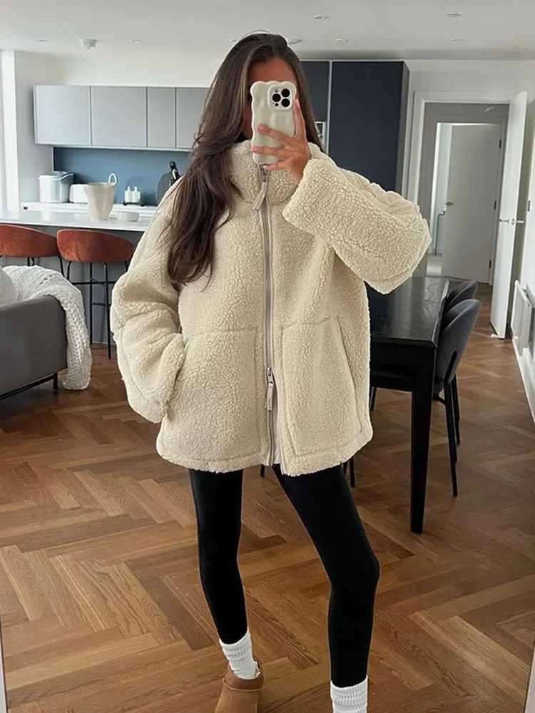 Fashion Women Solid Double Headed Zipper Lamb Wool Coat Casual Stand Collar Long Sleeve Pocket Jacket Autumn Winter Warm OutwearX241018