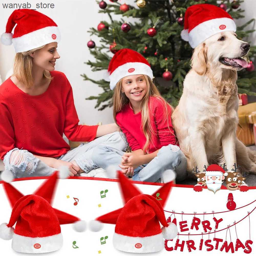 Wide Brim Hats Bucket Hats Singing And Dancing Christmas Hat Electric Swing Moving Santa Hat Plush Christmas Cap For Christmas New Year Party Supplies
