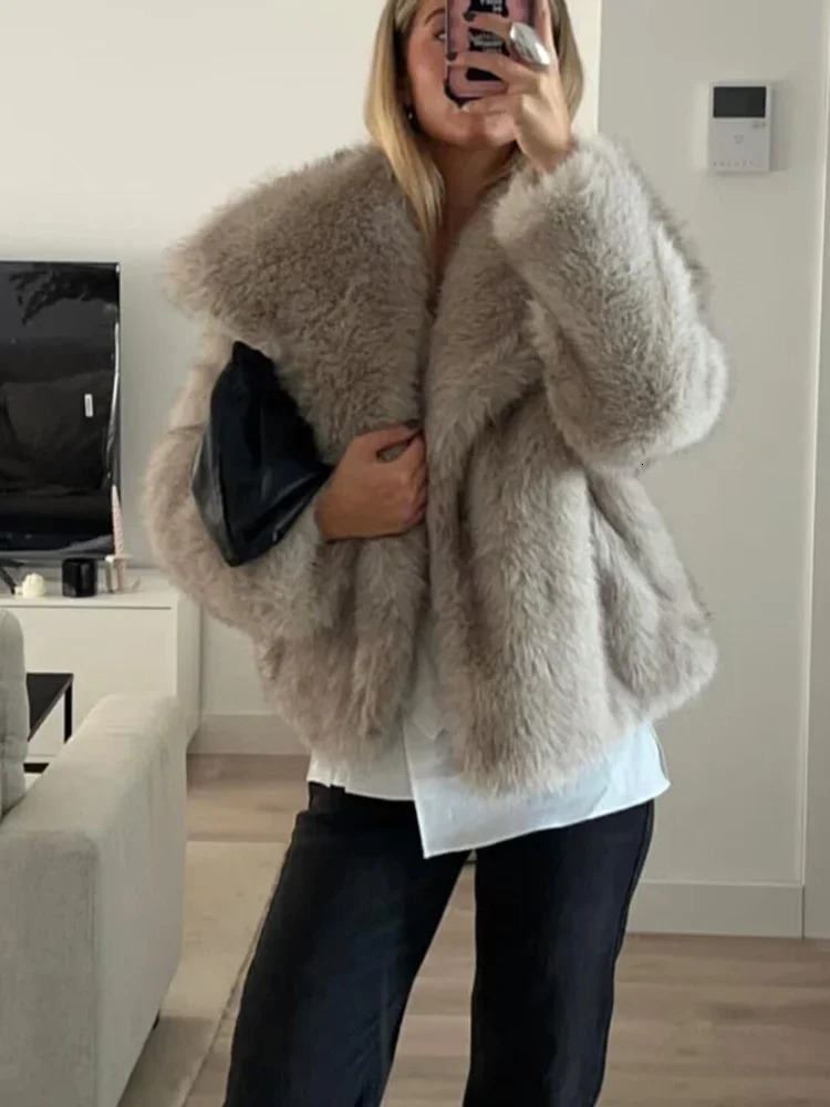 TRAF Faux Fur Coat Plush Fluffy Womens Jacket 2024 Woman Autumn Winter in Outerwears White Red Gray Black Wool Blends Coats 241106