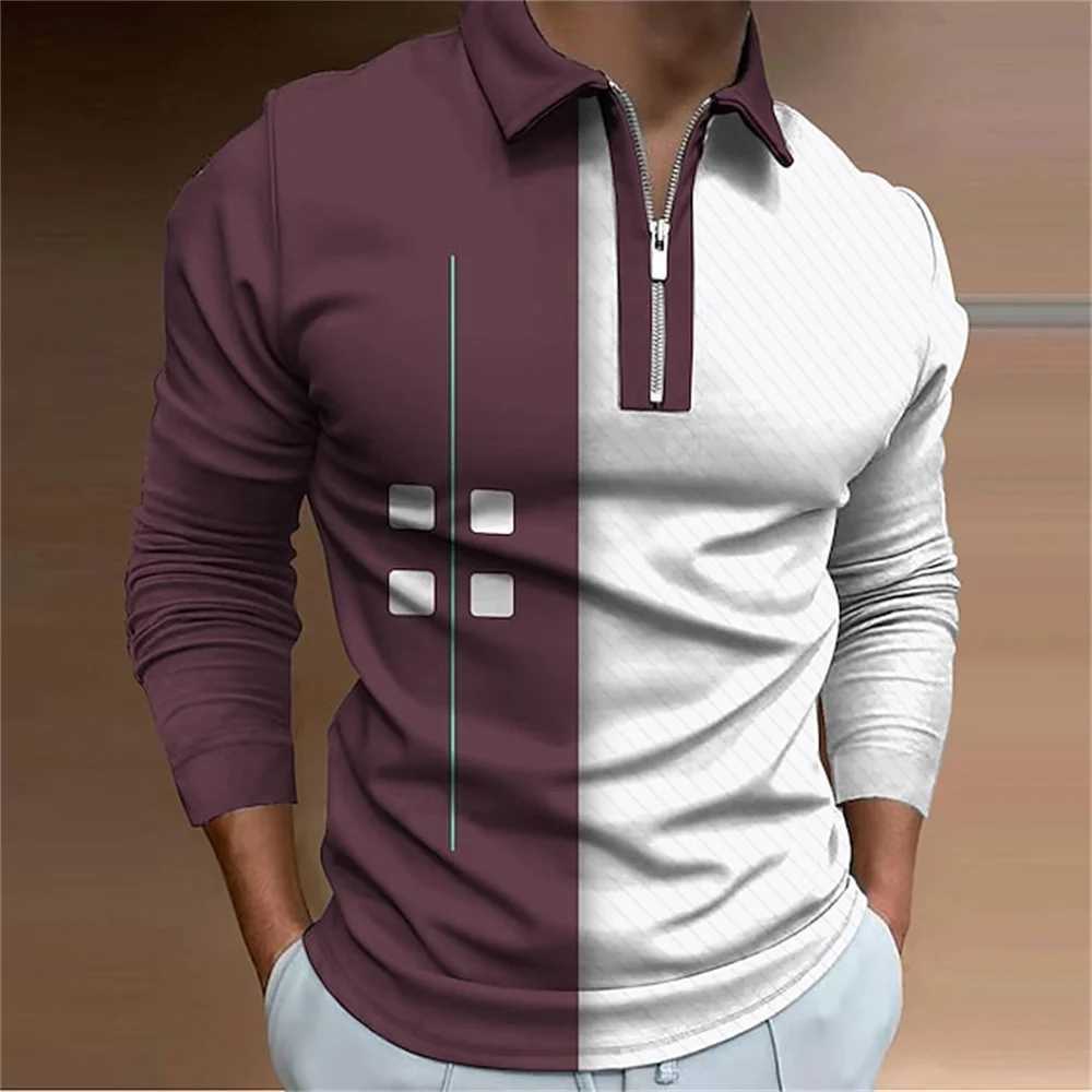 Patchwork Pattern Print Shirt for Men Ventilate Lapel Wear Mens T-shirt Top Comfortable Zipper Sports Long Sve Clothing W241106