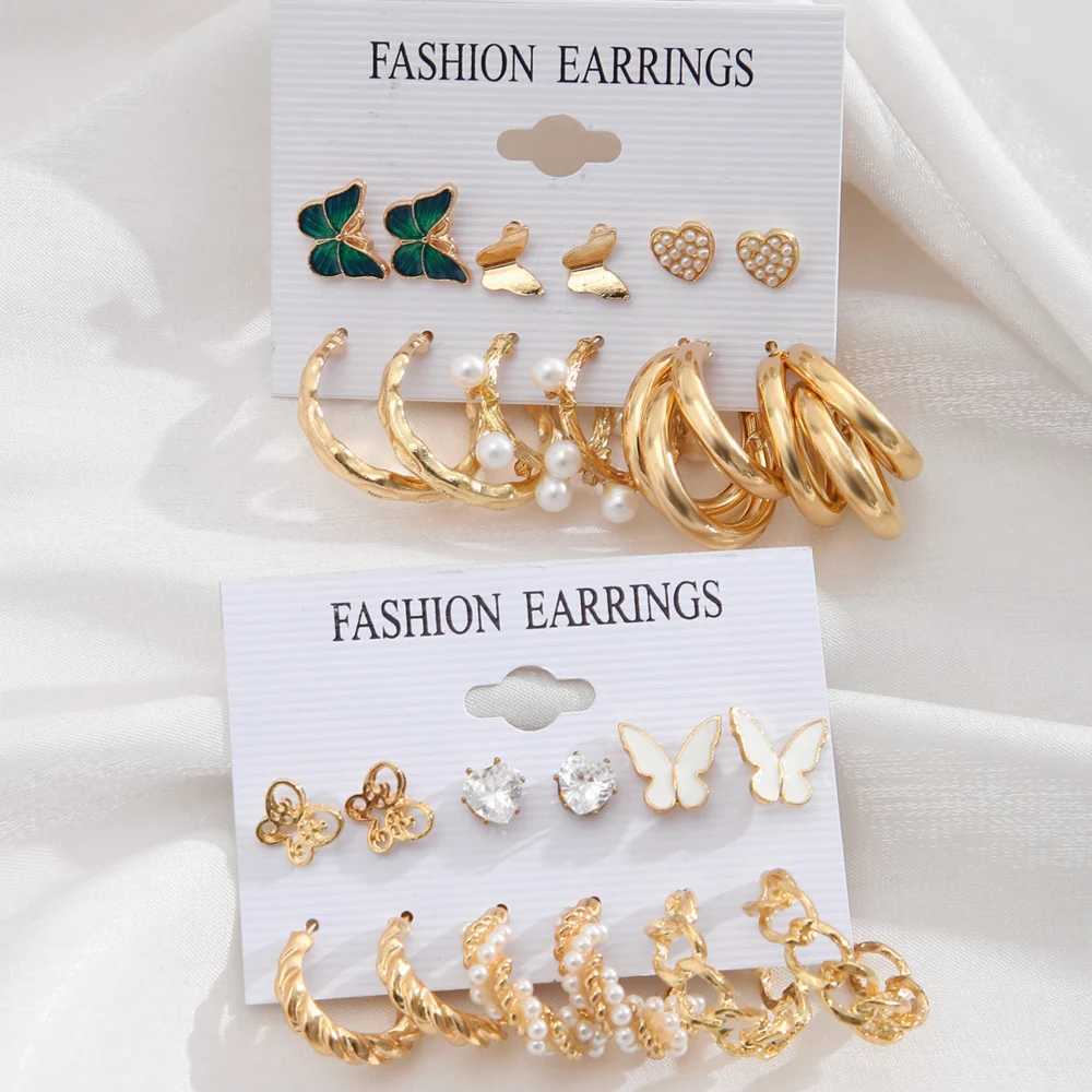 Golden Pearl Ring Earring Set Metal Pendant Earrings Retro Round Guitar Twist for Wen Girls Jewelry Gift X241106