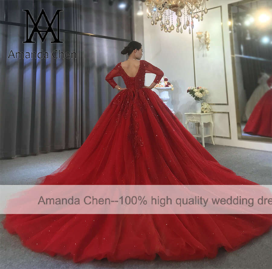 robe femme Lace Applique Crystal Sweetheart Red Wedding Dress
