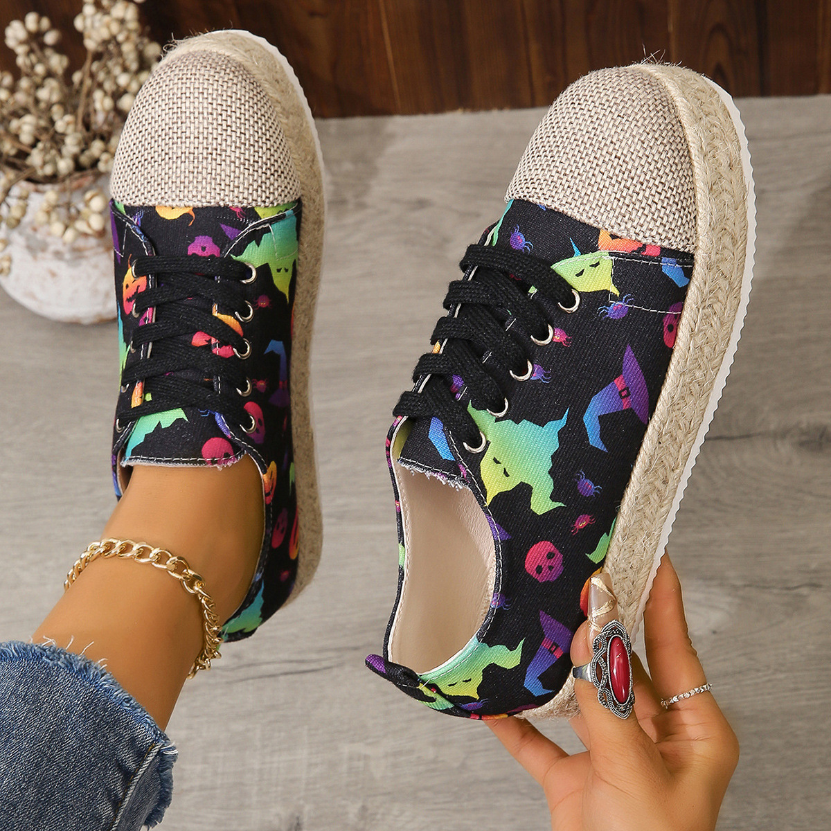 Women's round toe lace up breathable leopard print single shoe with hemp rope thick sole and low cut canvas, Zhuotian