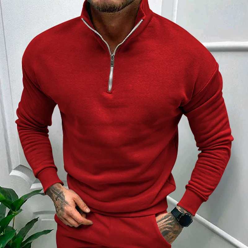 2023 Autumn/Winter Mens Casual Velvet Solid Long Sve Half Zipper Stand up Neck Sweater Top W241106