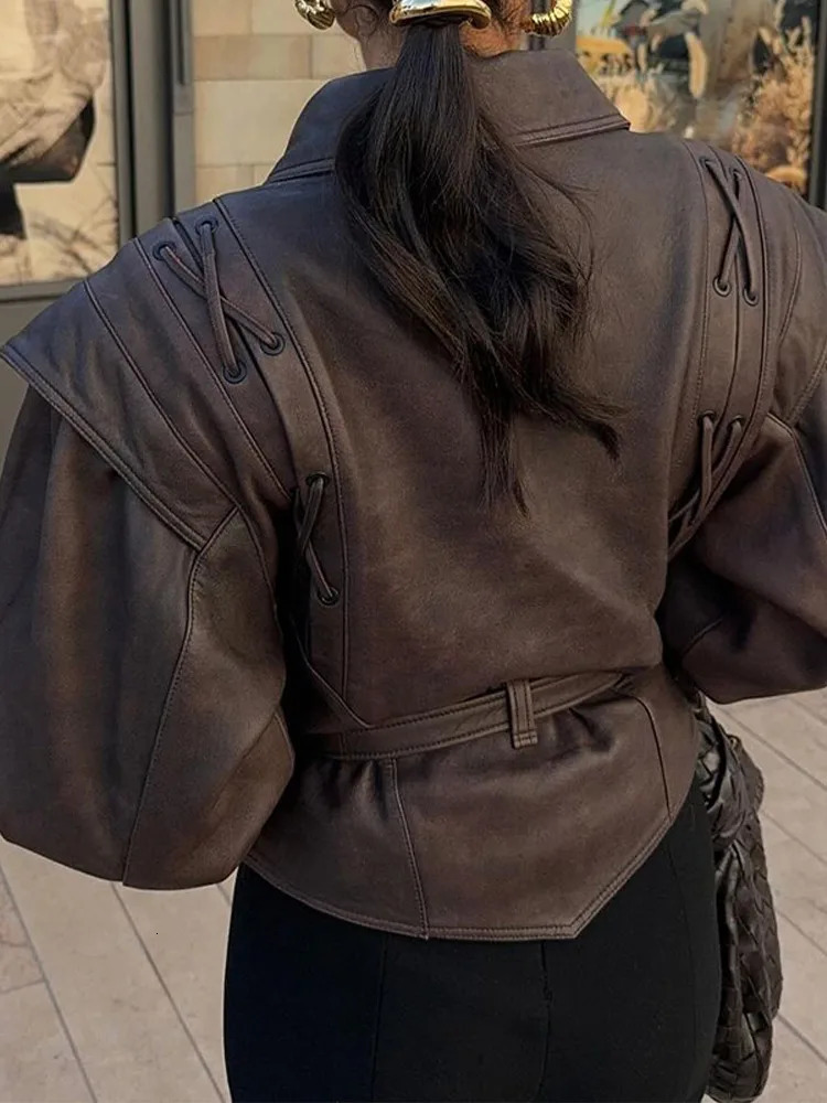 Womens Street Leather Jacket 2024 Autumn Winter Versatile Brown Long Sleeves V-neck Lace-up Coats Causal Female Outerwear 241106