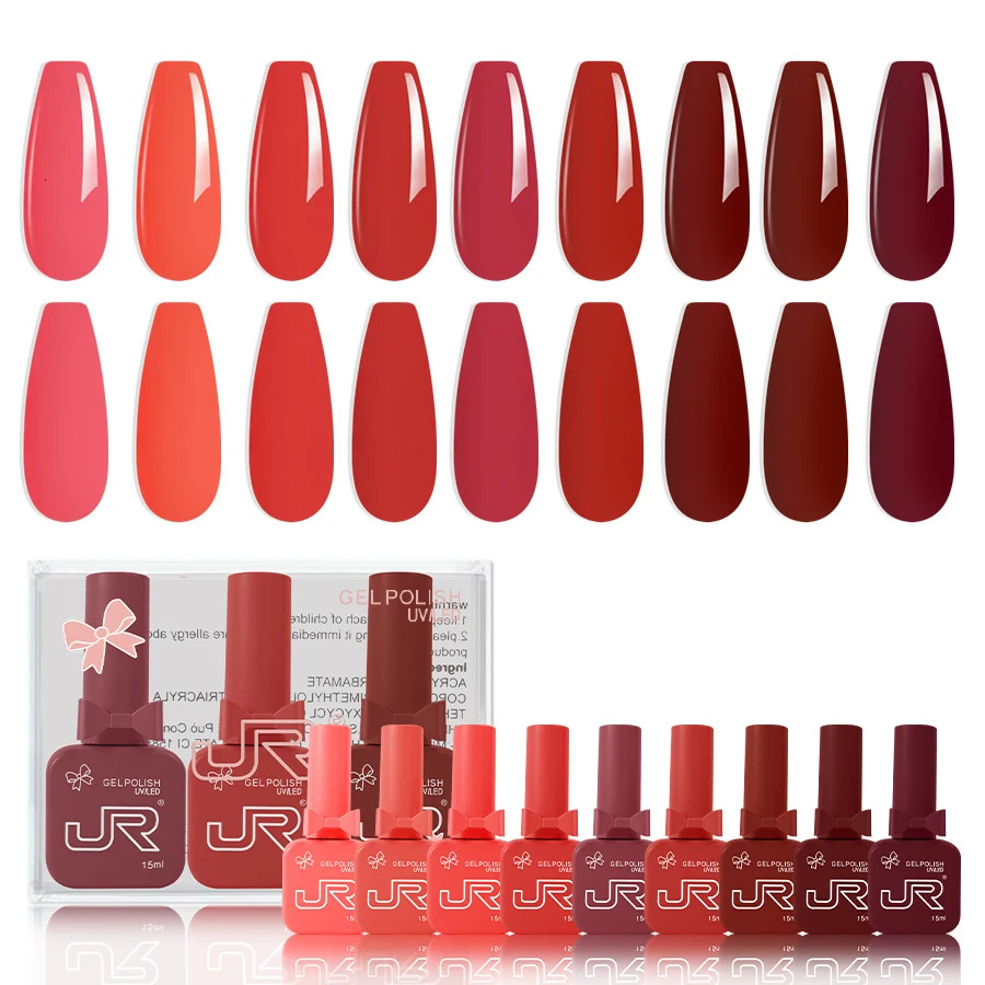 wholesale JR factory 9pcs15ml gel Nail Polish set Including Red Pink Nude Gel Polish Kit LED Soak Off Polish Home DIY top coat 241106