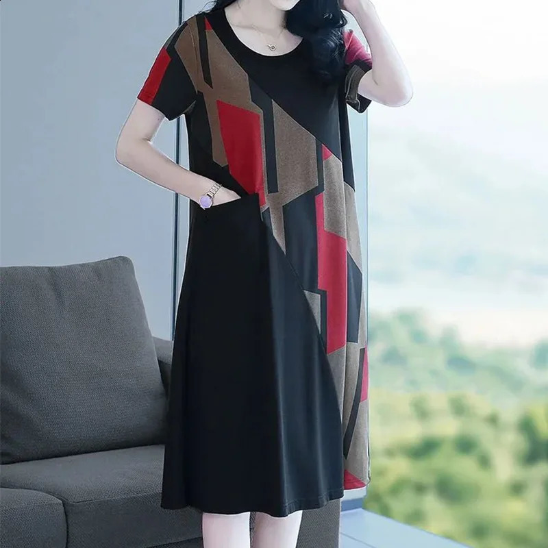 Summer Elegant Fashion Retro Aesthetic Loose Chinese Style Womens Clothing Sweat Office Lady O Neck Pockets Dresses 240329