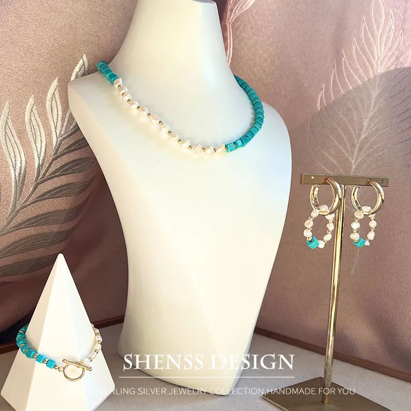 Jewelry Set Natural Freshwater Pearl Blue Turquoise Necklace Bracelet Earrings Copper Plated 14k Gold Accessories Jewelry 241106
