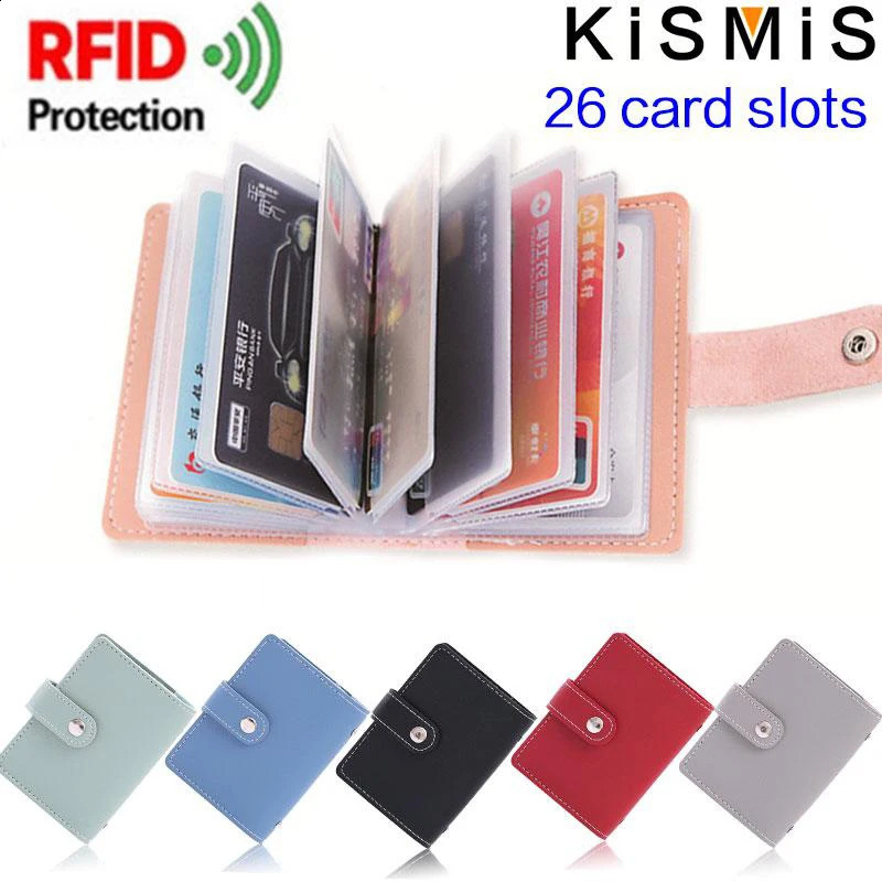 KISMIS 1PC Women Men Leather 26 Slots ID Credit Card Holders RFID Blocking Wallet Case Pocket Bag 241029