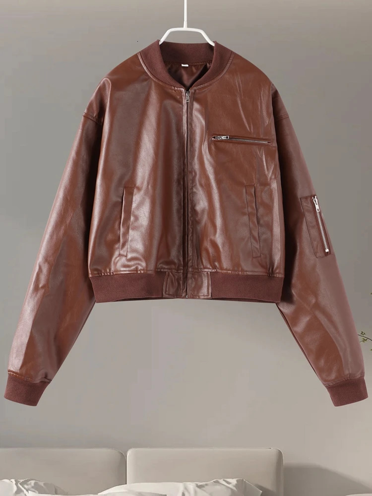 Vintage Leather Bomber Jacket Women Casual O-neck Zipper Pockets Long Sleeve Crop Jackets 2024 Autumn Lady High Street Outwears 241106