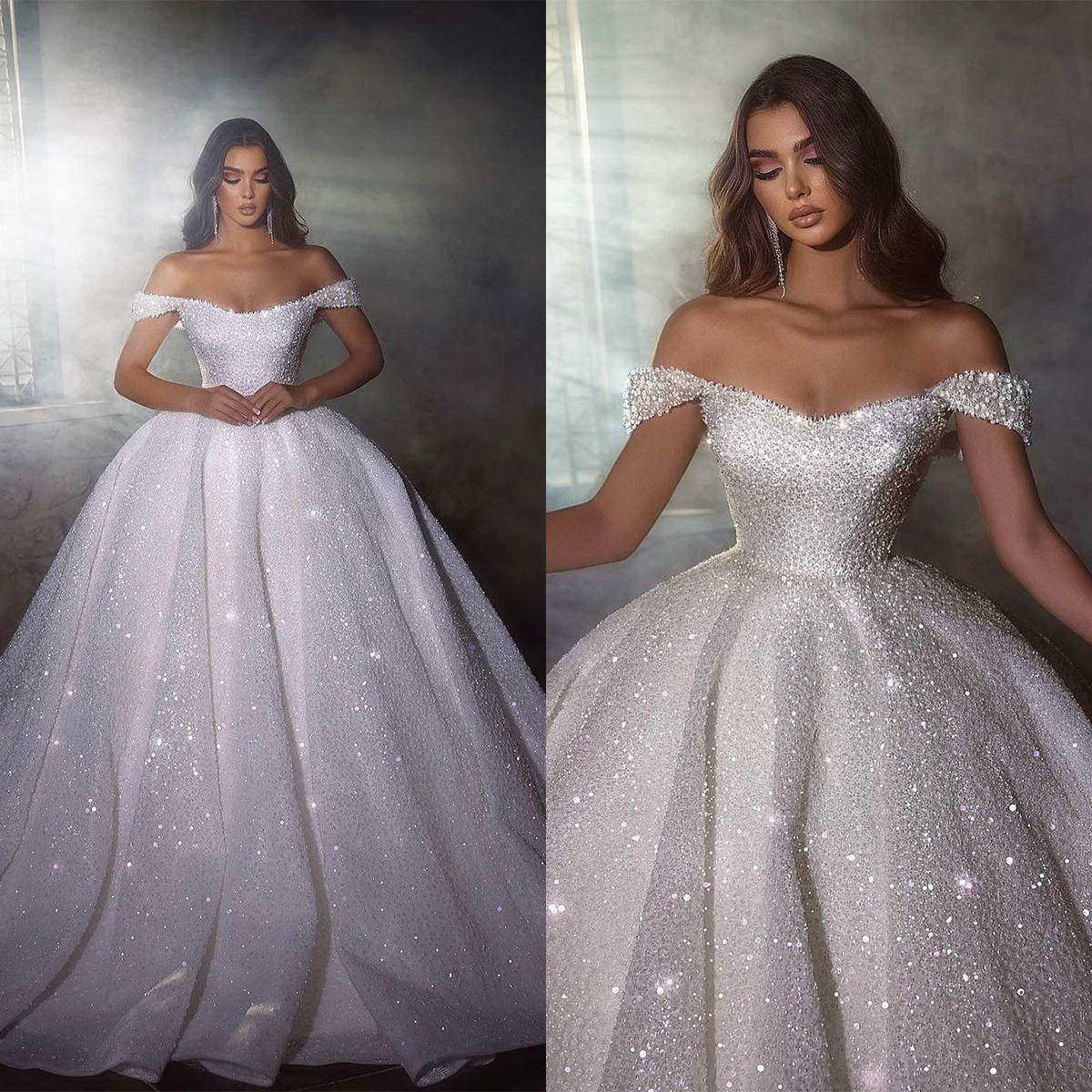Vintage Princess Ball Gown Wedding Dresses Sparkly Sequined Off Shoulder Beading Bridal Gowns Sweep Train Custom Made Bride Dres