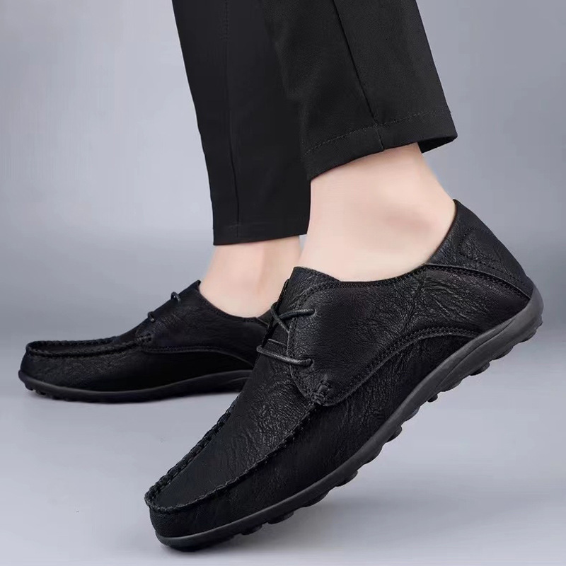 Large Size Microfiber Lace Up Loafers, 2024 Autumn And Winter New Style Fashionable Bean Shoes, Classic Men's Leather Shoes