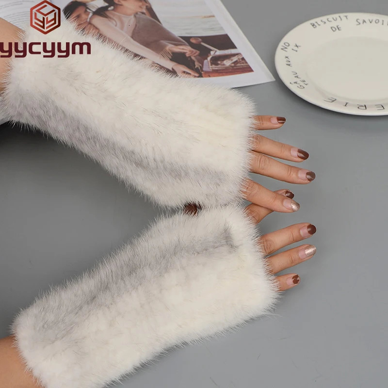 2024 High Quality Womens 100% Winter Warmth Genuine Mink Knitted Half Finger Gloves 241106