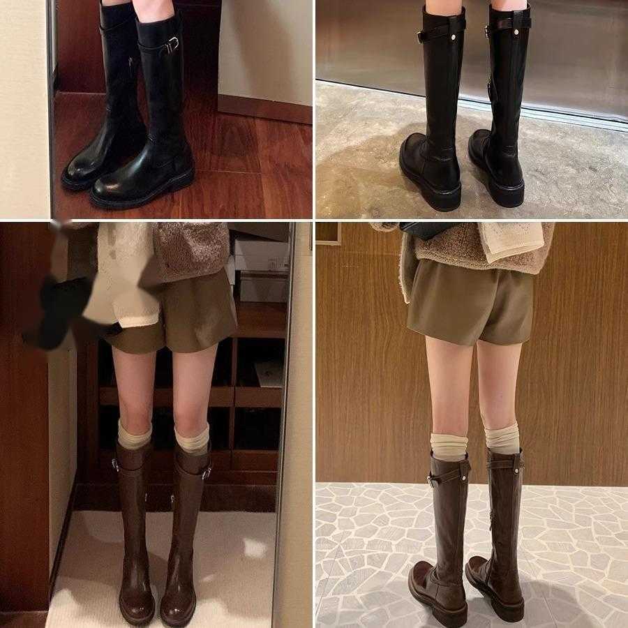 Washed Horse Skin Round Head Thick Heel Tall Leg Straight Long Barrel Knight Boots Women Autumn Winter