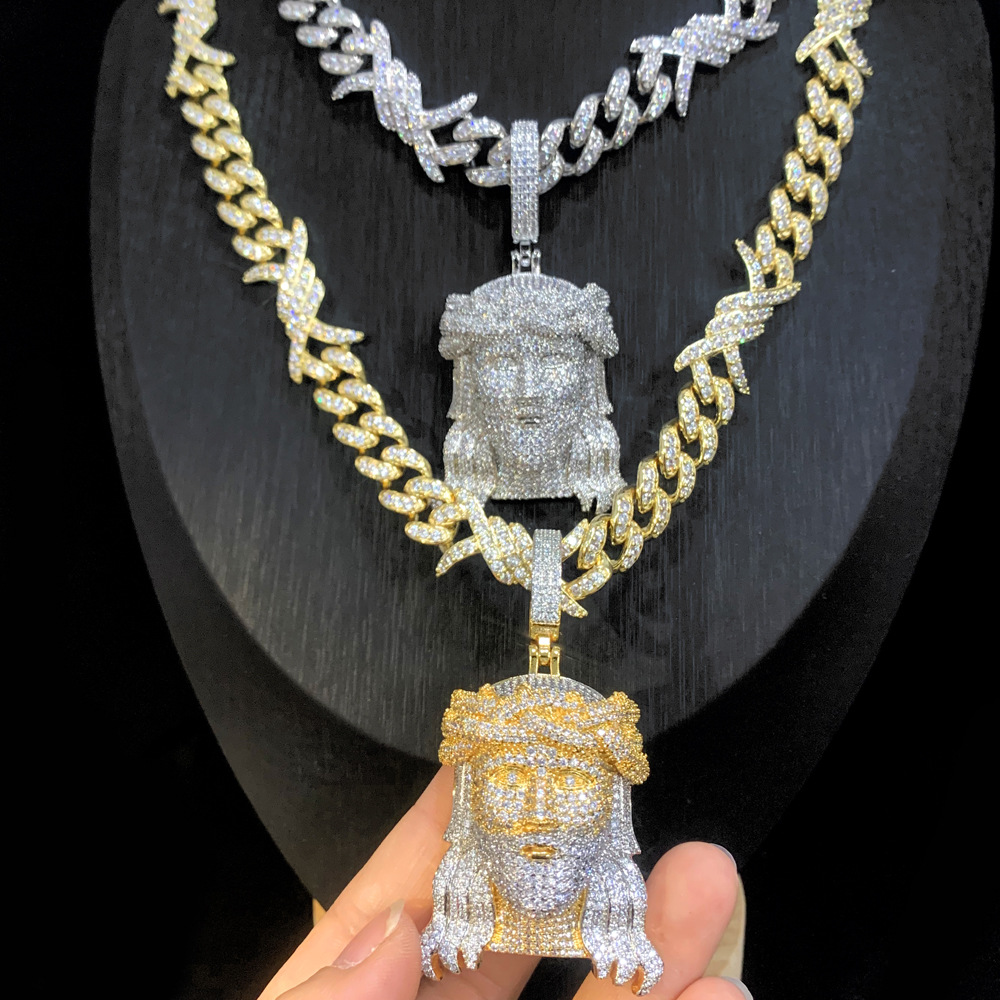Hip Hop Jesus Face Pendant Necklace with Cuban Chain Jewelry Set 18k Gold Plated