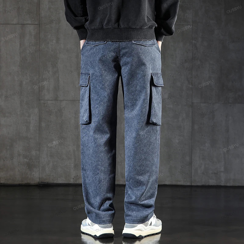 OUSSYU Clothing Mens Cargo Pants Cotton Solid Color Work Wear Wide Korean Multi Pocket Jogger Trousers Male Plus Size 241106