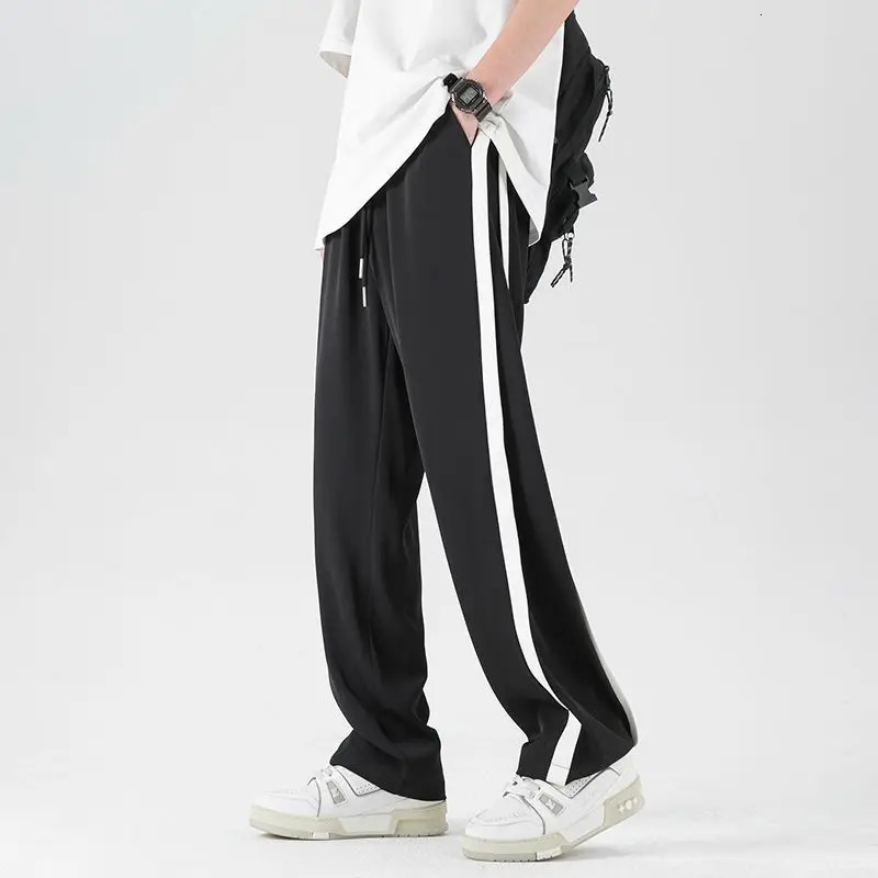Trousers Striped Male Sports Pants Black Straight Mens Sweatpants Loose Long Athletic Y2k Baggy Elastic Sport Essential Retro 241104