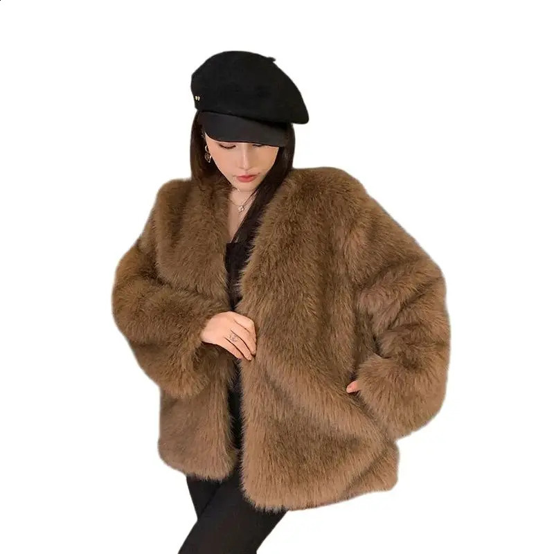 High End Winter Autumn Warm Faux Fur Coats Women Loose Thick Korean Fashion Lady Fox Coat Long Sleeves 241104