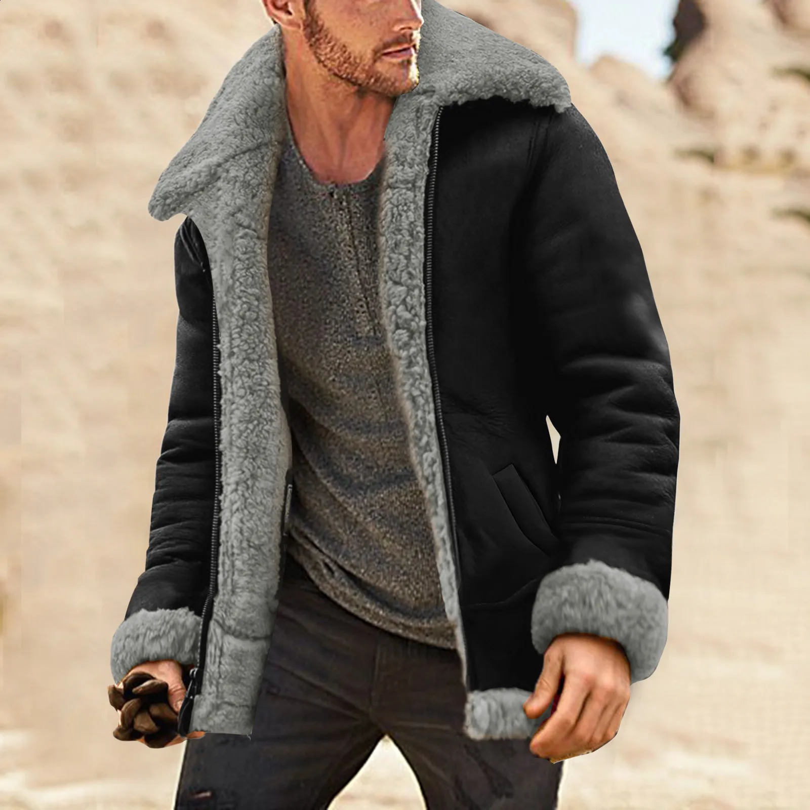 Retro Thick Coat Sheepskin Jacket Mens 2024 Fashion Simple Winter Coat Collar Long Sleeve Inlaid Leather Jacket 241106