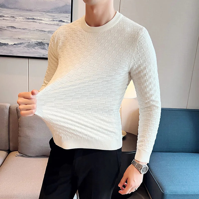 Autumn Winter Stretch Jacquard Woven O-Neck Sweater Mens Waffle Slim Fit Long Sleeve Knitted Pullovers Casual Streetwear Homme 241106