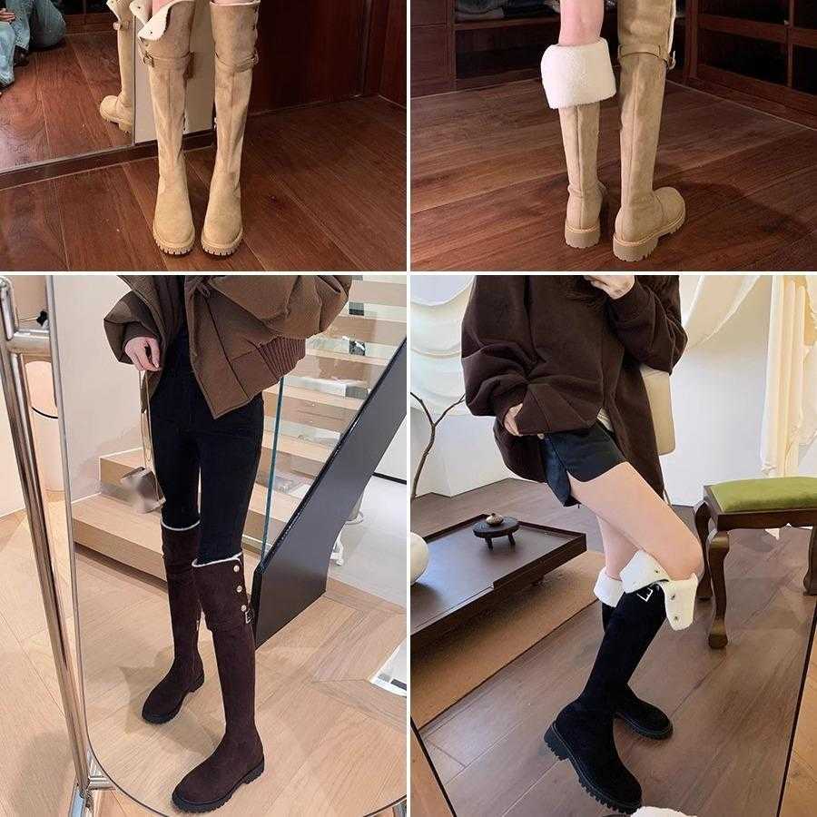 CMM Knee High Knight Boots Thick Soles and Plush Long Boots Versatile for Autumn and Winter
