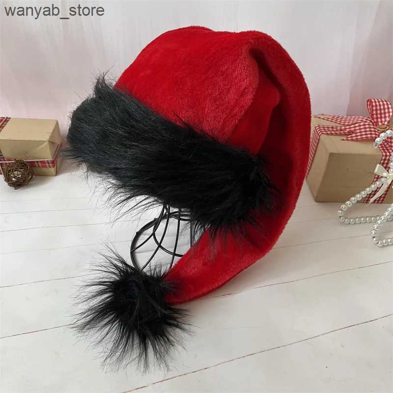 Wide Brim Hats Bucket Hats Plush Santa Claus Hat for Children and Adults Black Border Christmas Hat Xmas Cap High Quality Party Decor Halloween 75cm L