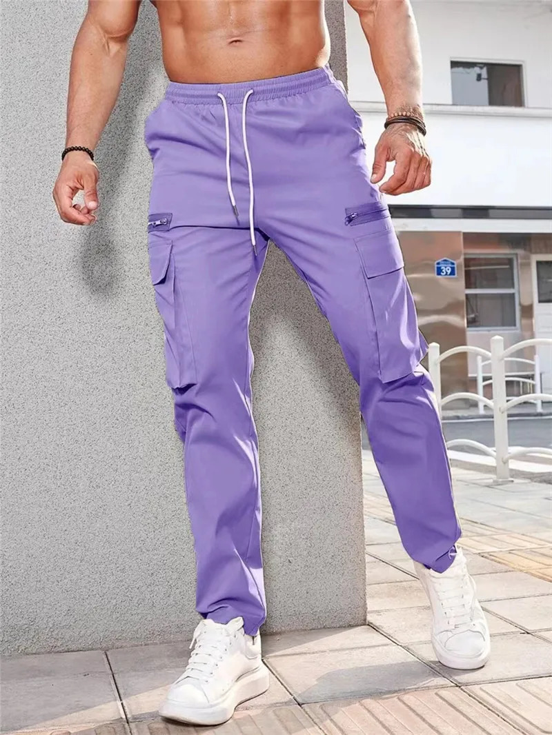 spring autumn Wearable men cargo Pants Drawstring sports Multi Pocket Mens sweatpants Quick drying solid color men trousers 241106