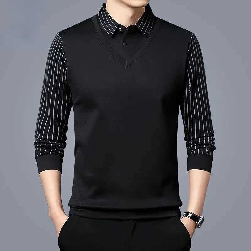 New mens T-shirt lapel spring autumn long Sve button striped print fashionable Ts casual top W241106