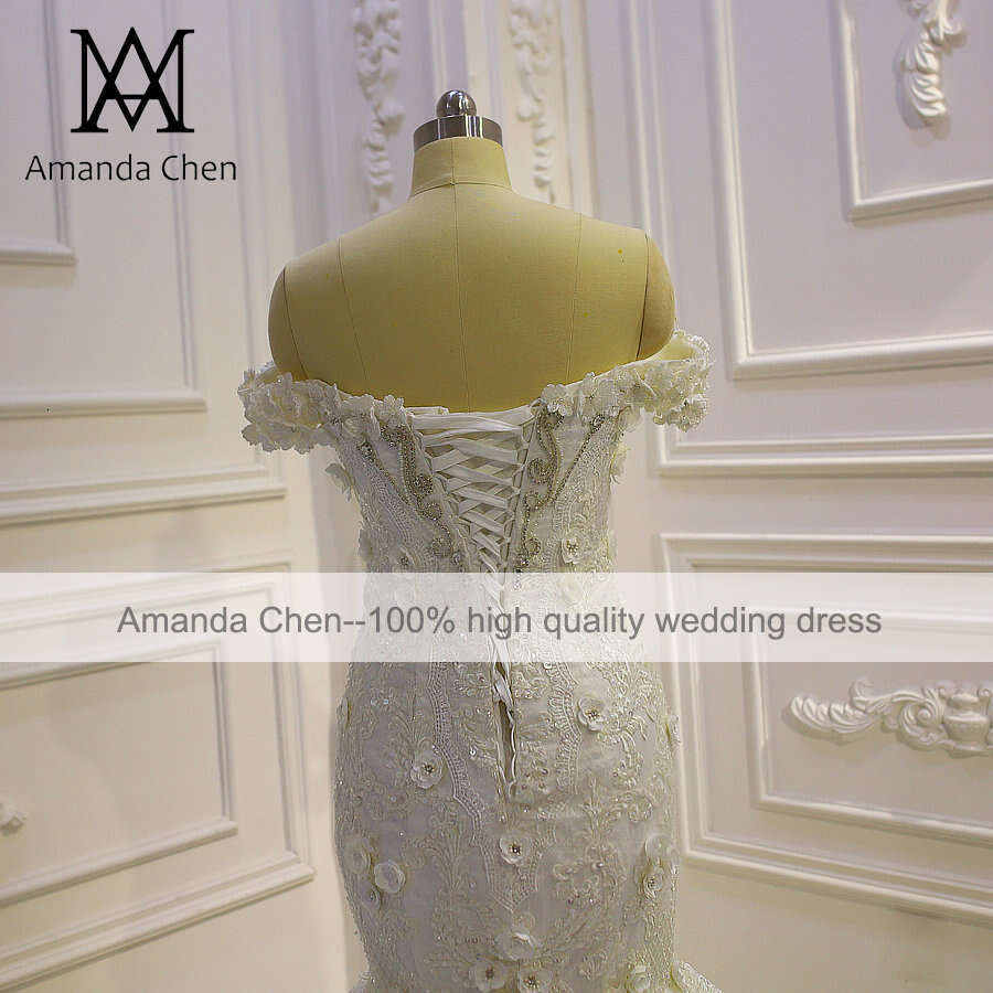 Off Shoulder Lace Applique Crystal 3D wers Fishtail Wedding Dress
