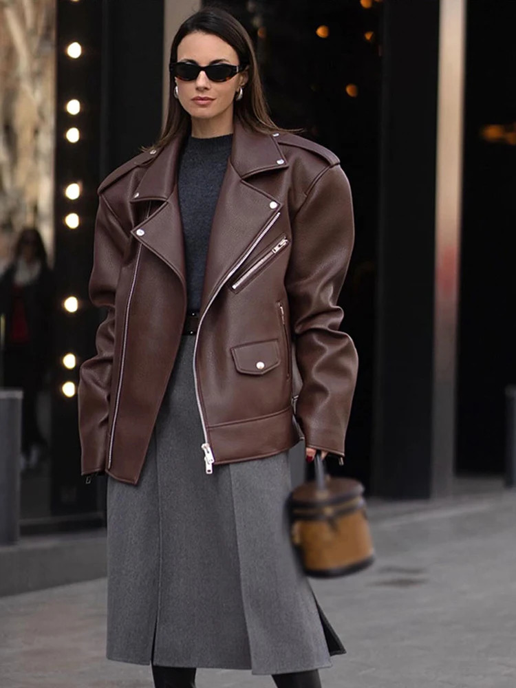 Retro Leather Turndown Collar Womens Jacket Fashion Casual Loose Long Sleeve Zipper Jackets Autumn Vintage Solid Color Coat 241106