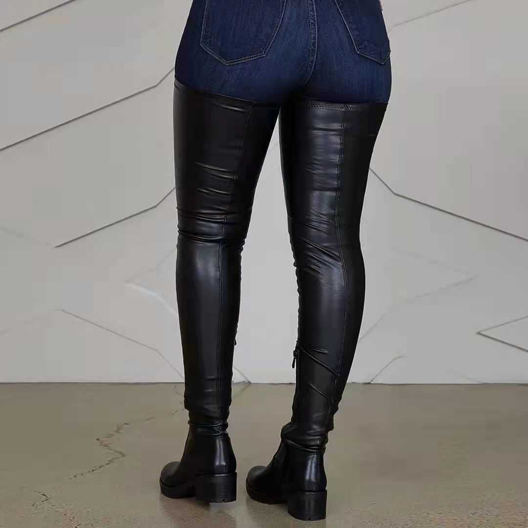 CMM Spring and Autumn New Cross Knee Boots Womens Round Head Fashion Boots Large Size Thick Heel Long Leg Knight Boots