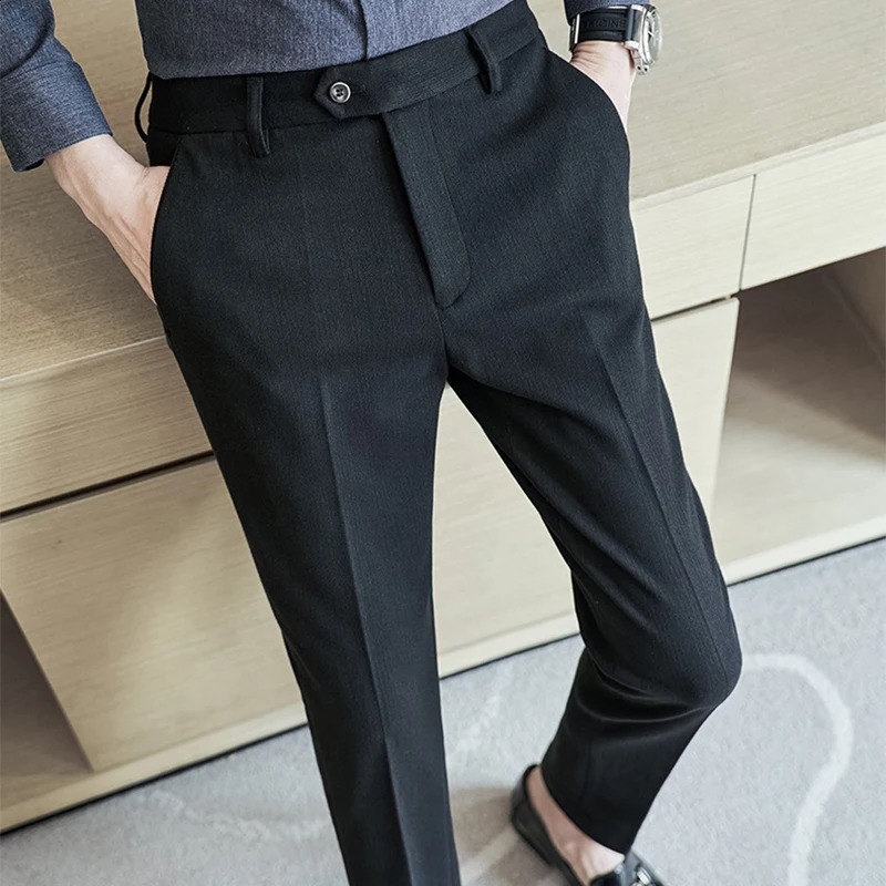 Office Business Casual Mens Trousers Autumn Vintage Striped Slim Fit Woolen Pants Men Winter Trendy Draped Straight Naples 241104