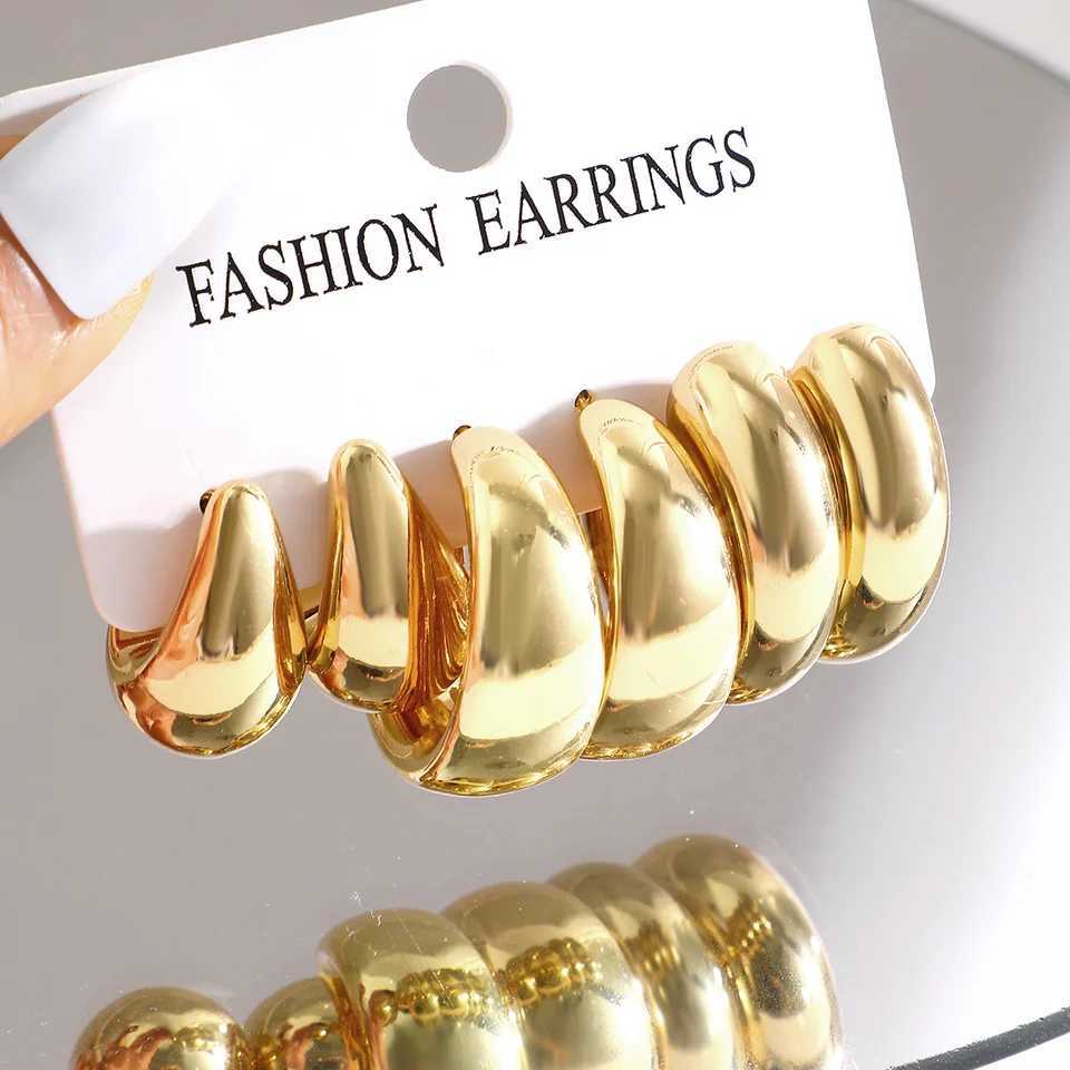 6 pieces of thick gold plated drip ring earrings suitable for warm minimalist smooth thick round drip earrings lightweight party jewelry X241106