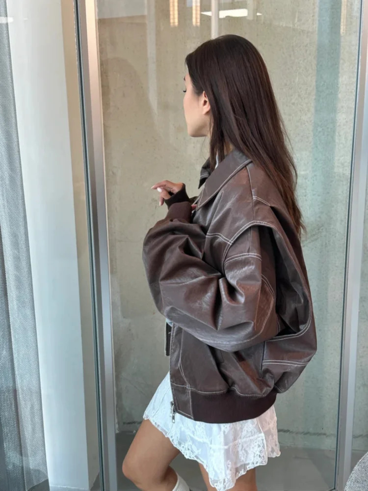 Chic Contrast Stitch Zipper Leather Jacket For Women Fashion Lapel Long Sleeves Cropped Bomber Coat 2024 Lady Street Outerwear 241106