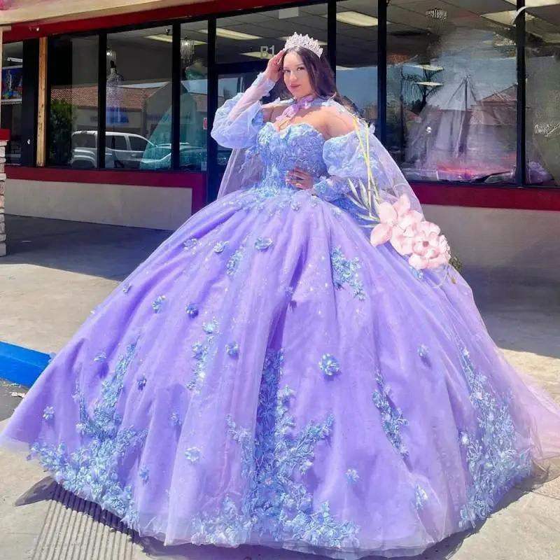 Light Lavanda Quinceanera Dresses With Cape Ball Gown Applique Lace Beads Tull Birthday Party Sweet 16 Dress Lace Up vestido de 15 anos