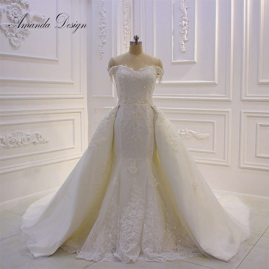 Amanda Design robe de soiree courte Off Shoulder Lace Appliques Wedding Dress with Removable Skirt