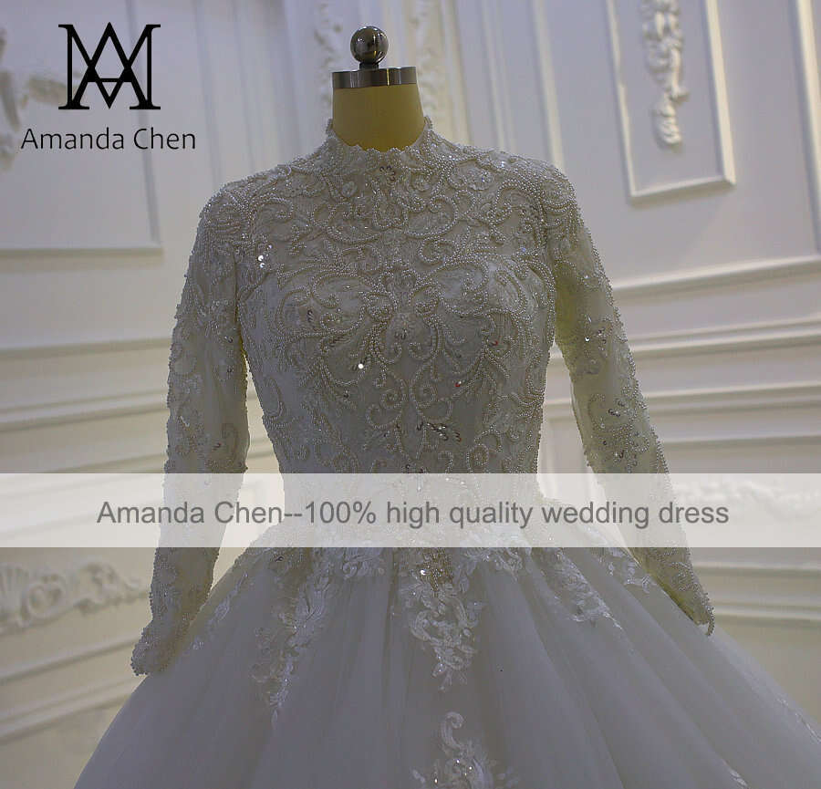 robe blanche High Neck Long Sleeve Lace Applique Pearls Muslim Wedding Dress