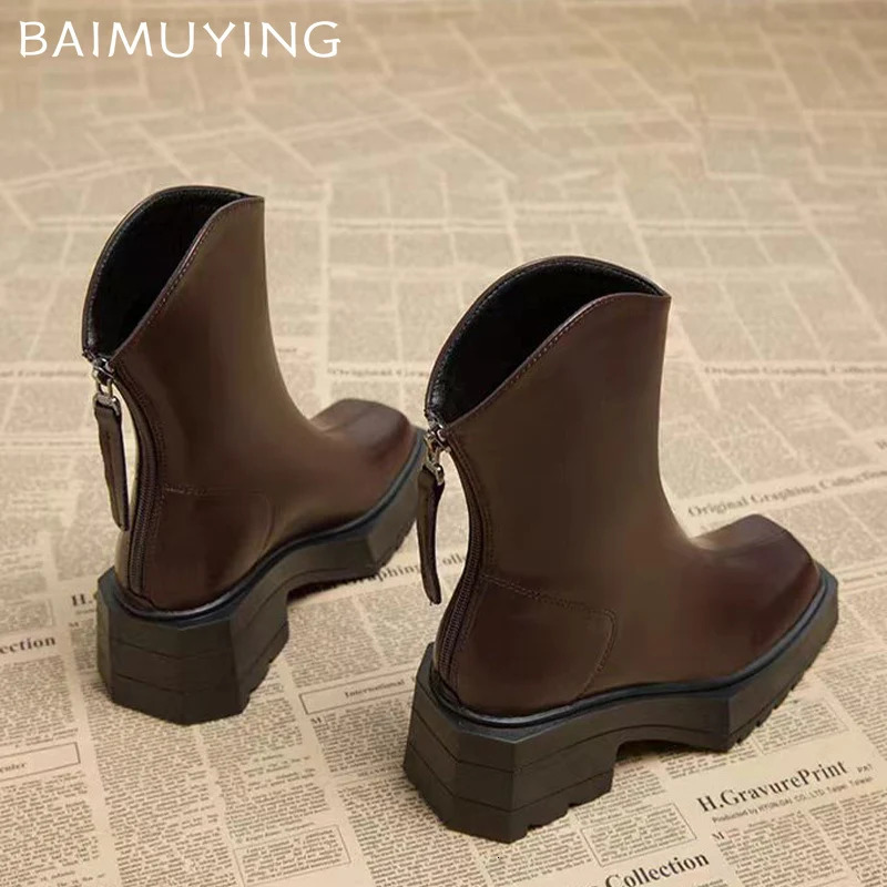 Platform Women Snow Ankle Boots Mid Heels Retro Shoes Square Toe Motorcycle Boots Trend Winter Leather Chunky Botas Mujer 241106