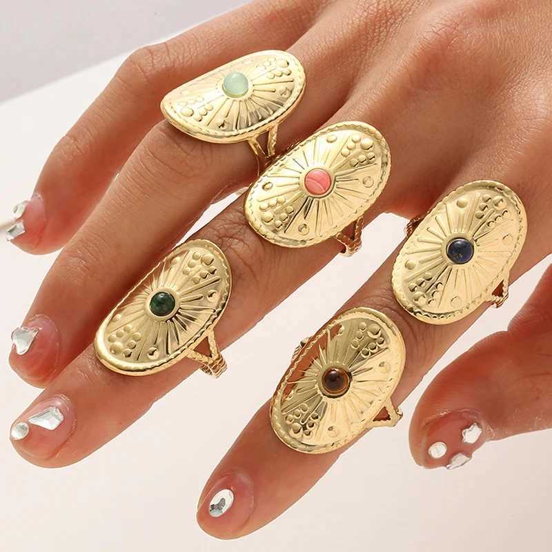 Bohe colored natural stone ring used for warm stainless steel gold-plated Suower hollow adjustable open ring jewelry gifts X241106
