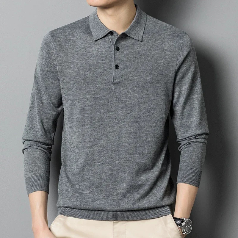 Mens Autumn Long-Sleeved Wool Blend Solid Color Polo Pullover Sweater with Lapel Casual Bottoming Sweater -Sizes M-4XL 241106