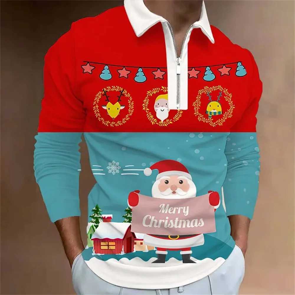 Christmas Collection Prints T-shirt Mens Porosity Collar T-shirt Mens Top Strt Harajuku Zipper Mens Long Sve T-shirt W241106