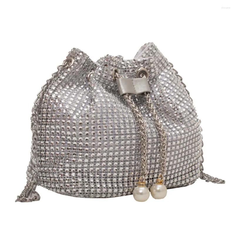 Shoulder Bags Women Chain Crossbody Bag Solid Color Rhinestone Glittering Satchel Drawstring Shinny Sling Purse Dinner Party 240729
