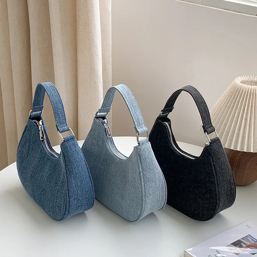 Fashion denim womens handbag canvas shoulder bag small phone flip wallet high-quality womens armrest bag model 241105