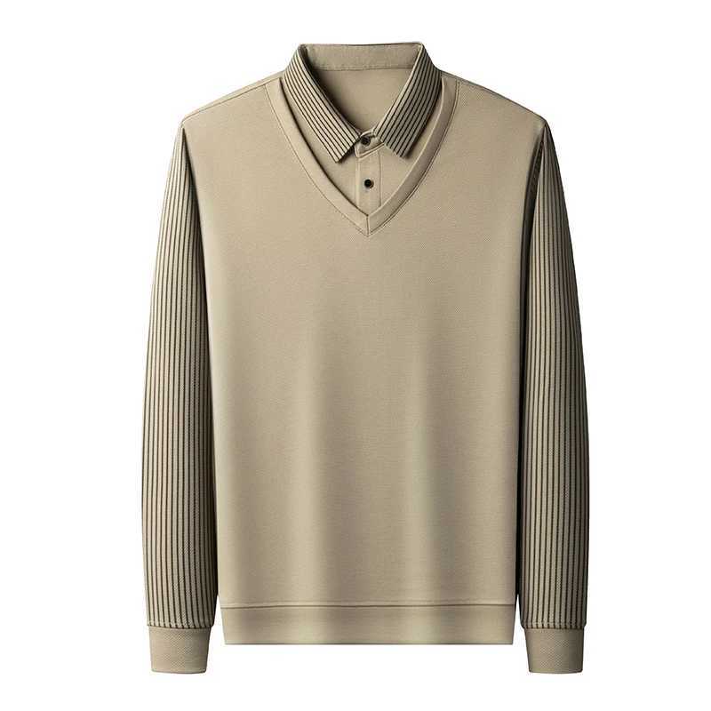 2024 Korean style mens long sved T-shirt with automatic lapel business fashion casual shirt elastic top black dark gray W241106
